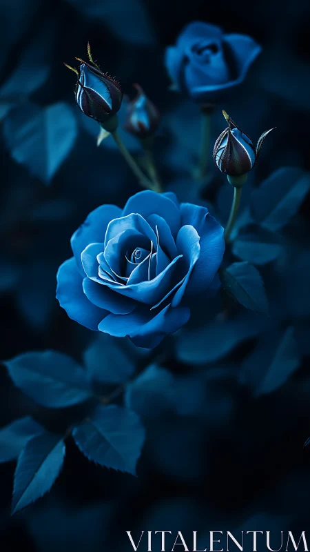 Blue Rose Study: Monochromatically Lit Bloom with Buds