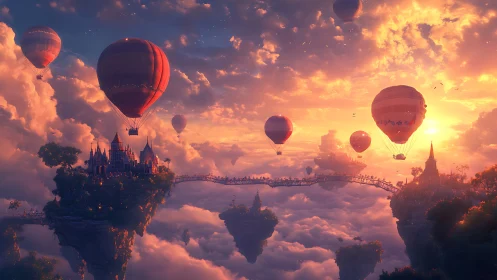 Sunlit fantasy airships drift above skyborne castle isles