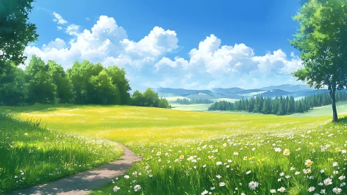 Sunlit wildflower meadow drifts lazily toward distant hills