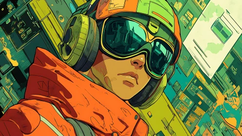 Person in helmet and visor amid abstract urban panels.