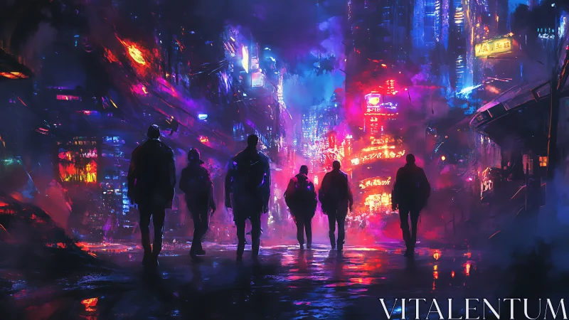 Neon-washed streetwalkers crossing a drenched cyber cityscape.