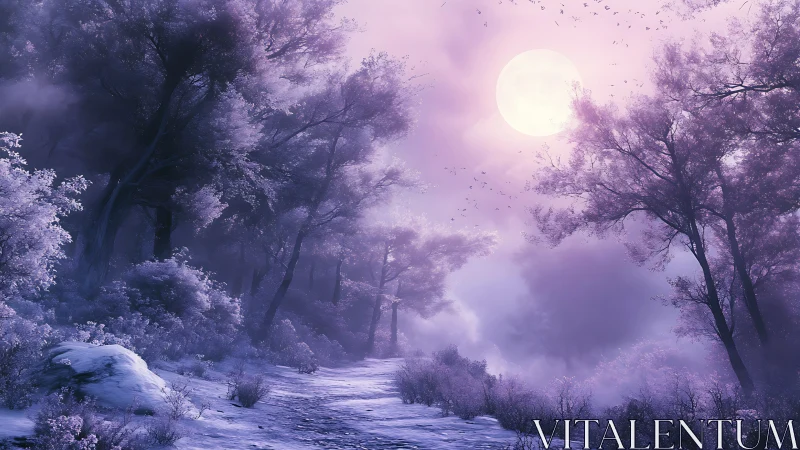 Winter forest path under bright full moon in violet haze