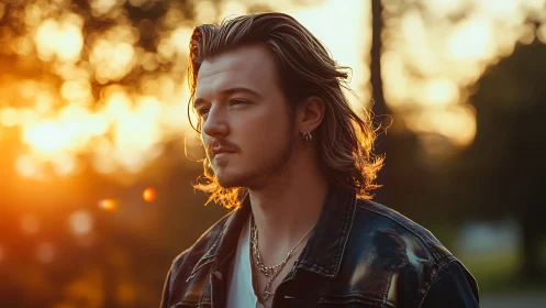 Sunlit portrait of young man in leather jacket at dusk.