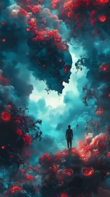 Silhouette confronting nebular skull within cyan and crimson storm