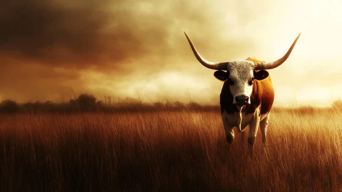 Sunlit longhorn strolls calmly through a glowing golden field