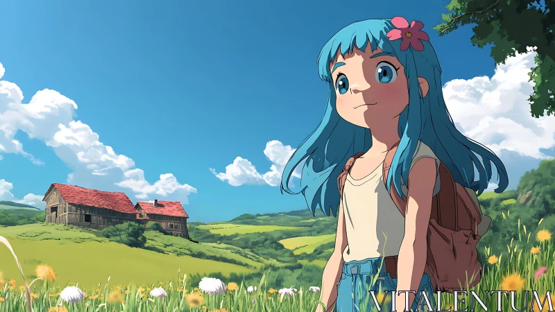 Blue haired child in rural meadow landscape under sky.