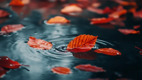 Shallow depth autumn leaves floating on rippling dark water