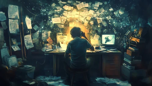 Person sits at cluttered desk under glowing wall of papers