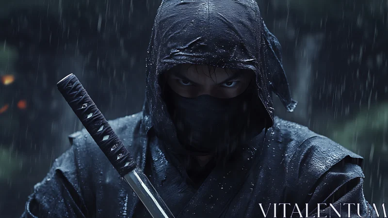 Steely-eyed ninja in rain-soaked armor holds katana ready