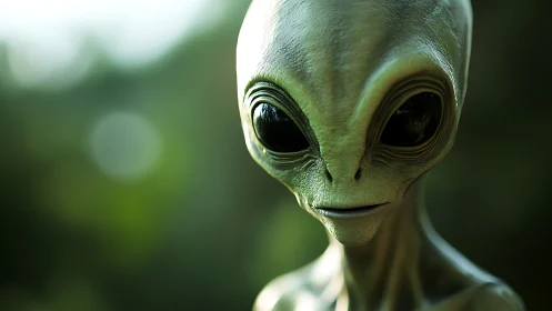 Alien portrait renders hyperreal skin detail under soft bokeh light
