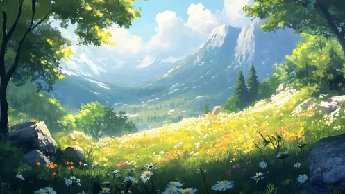 Sunlit alpine meadow unfolds beneath glaciated mountain range