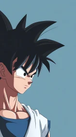 Stoic anime warrior gazes sideways against clear sky backdrop.