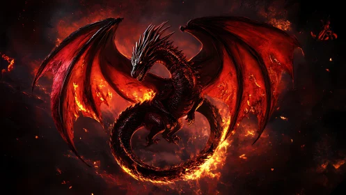 Inferno-crowned dragon coils through a blazing cosmic storm.
