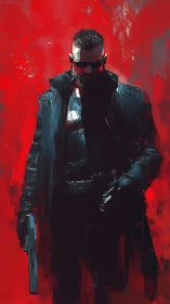 Shadow gunman strides through a storm of crimson fury.