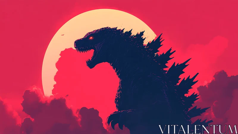 Colossal kaiju silhouette dominates neon sunset sky.