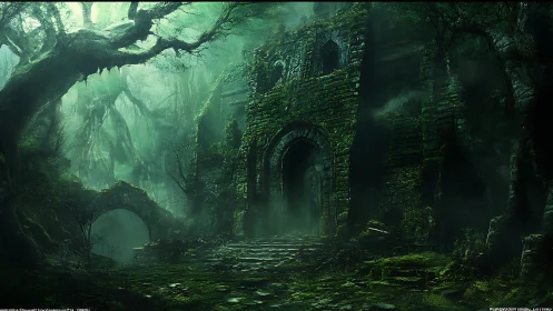 Mysterious mossy forest ruins inviting quiet exploration.