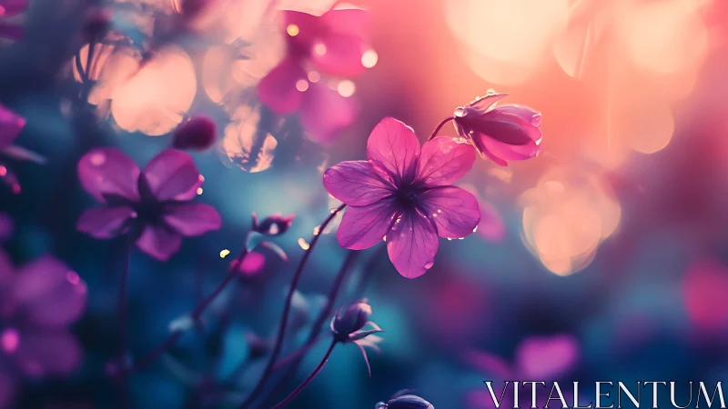 Digital rendering of pink flowers with depth of field and bokeh effects