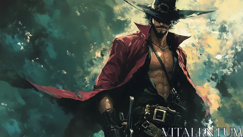 Gun-slinging dark wanderer in windswept digital painting.