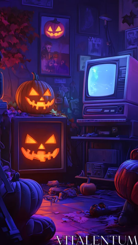 Retro CRT glow haunts cozy room with carved jack-o’-lanterns.