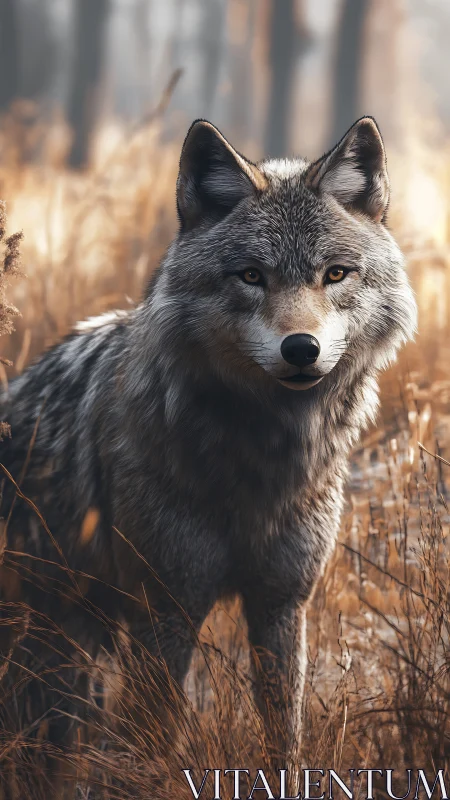 Grey wolf standing alert in warm autumn forest grasses.