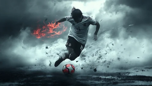 Soccer player sprinting through smoke with flaming arm effect.