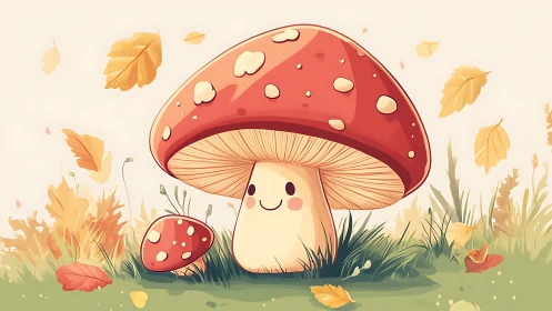 Autumnal kawaii fly agaric duo in stylized digital meadow.
