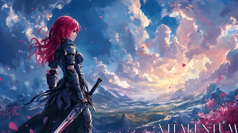 Red-haired armored warrior overlooks vast sunlit valley.