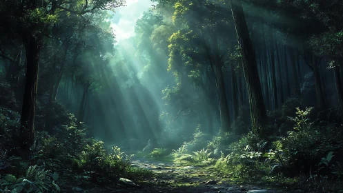 Cathedral Light Through Ancient Forest Canopy with God Rays