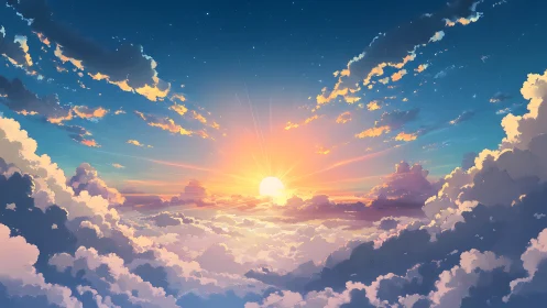 Radiant sunrise over luminous cloud sea in anime sky.