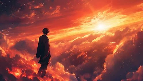 Lone figure stands above glowing clouds at fiery sunset.