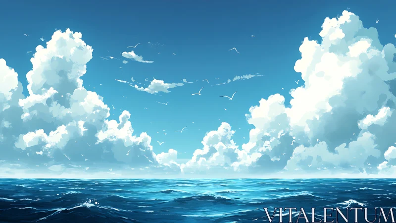 Digital seascape with monumental clouds in balanced horizon study.