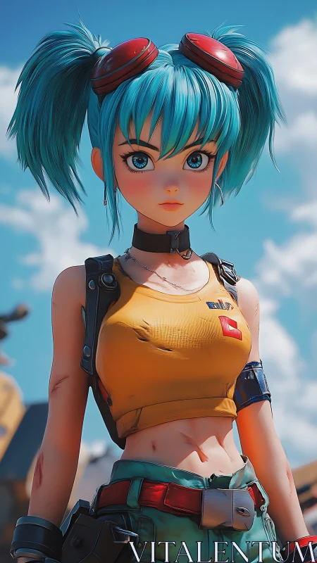 Confident blue haired mechanic stands ready under clear skies