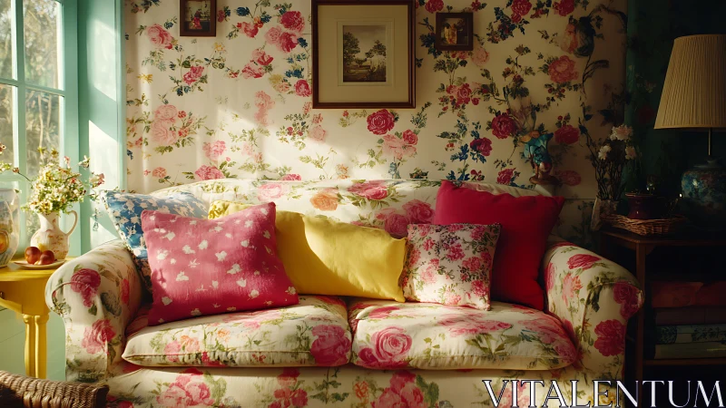 Sunlit floral sofa nook wrapped in cozy vintage charm.