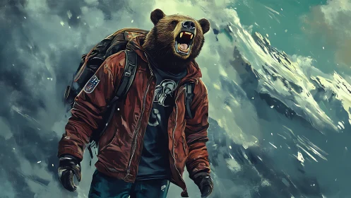 Roaring bear mountaineer strides through stormy peaks.