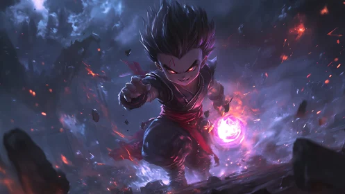 Dark anime boy charging with glowing energy orb in storm