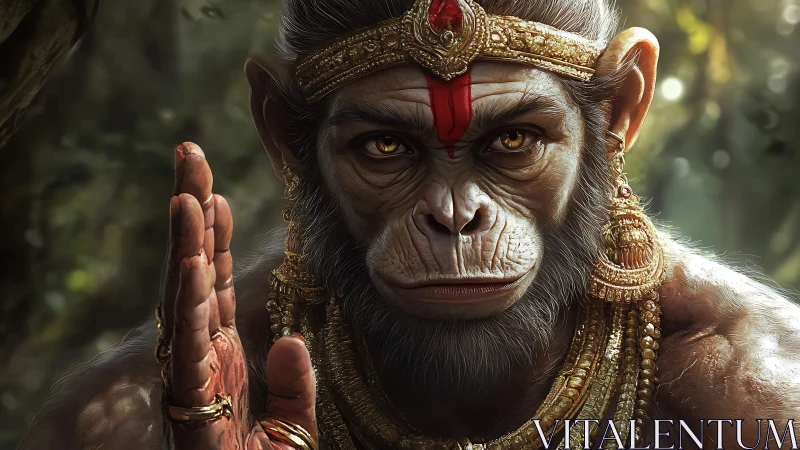 Divine simian warrior in ornate gold regalia, forest light.