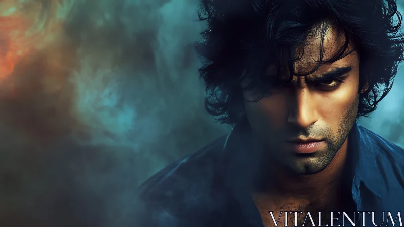 Chromatic vapor portrait with high-contrast chiaroscuro gaze.