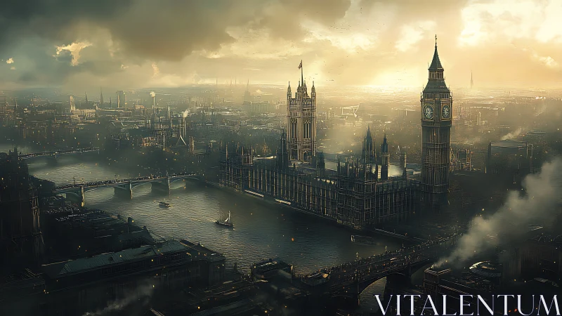 Cinematic dusk skyline over neo-gothic riverside parliament.