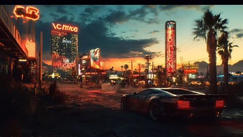 Neon dusk arterial with retrofuturist racer in vapor-lit smog.