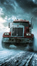 Red semi truck powers through snowstorm on icy highway.