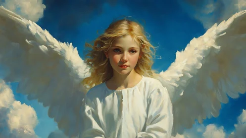 Gentle young angel rests softly against a bright blue sky