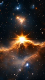 Starlight rising over a glowing cosmic mountain of clouds.