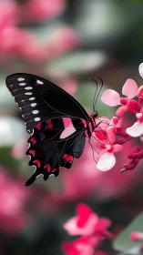 Black swallowtail butterfly rests on vivid pink blossoms