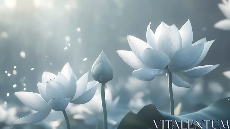 White Lotus Blossoms in Ethereal Mist. Serene Botanical Study.