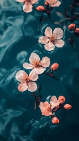 Delicate Peach Blossoms Floating in Teal Water Surface.