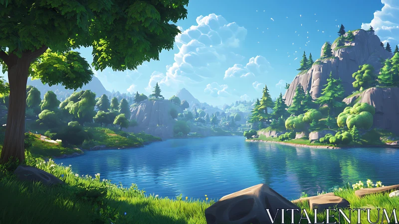 Sunny lakeside valley wrapped in gentle evergreen hills.