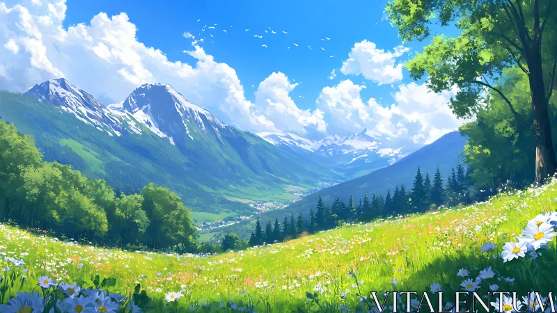 Luminous alpine meadow panorama in vivid digital painting.