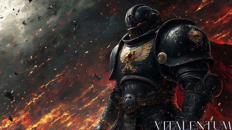 Armored sci fi warrior standing in fiery battlefield storm.