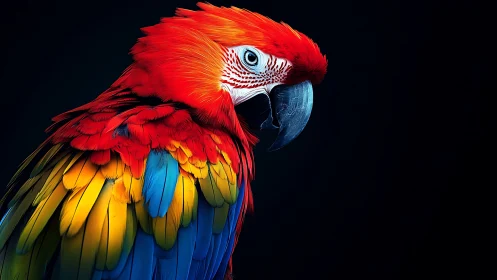 Vibrant Scarlet Macaw Portrait on Black Background, Photorealistic Style.