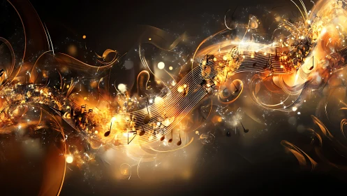 Abstract golden musical notes on swirling dark background.